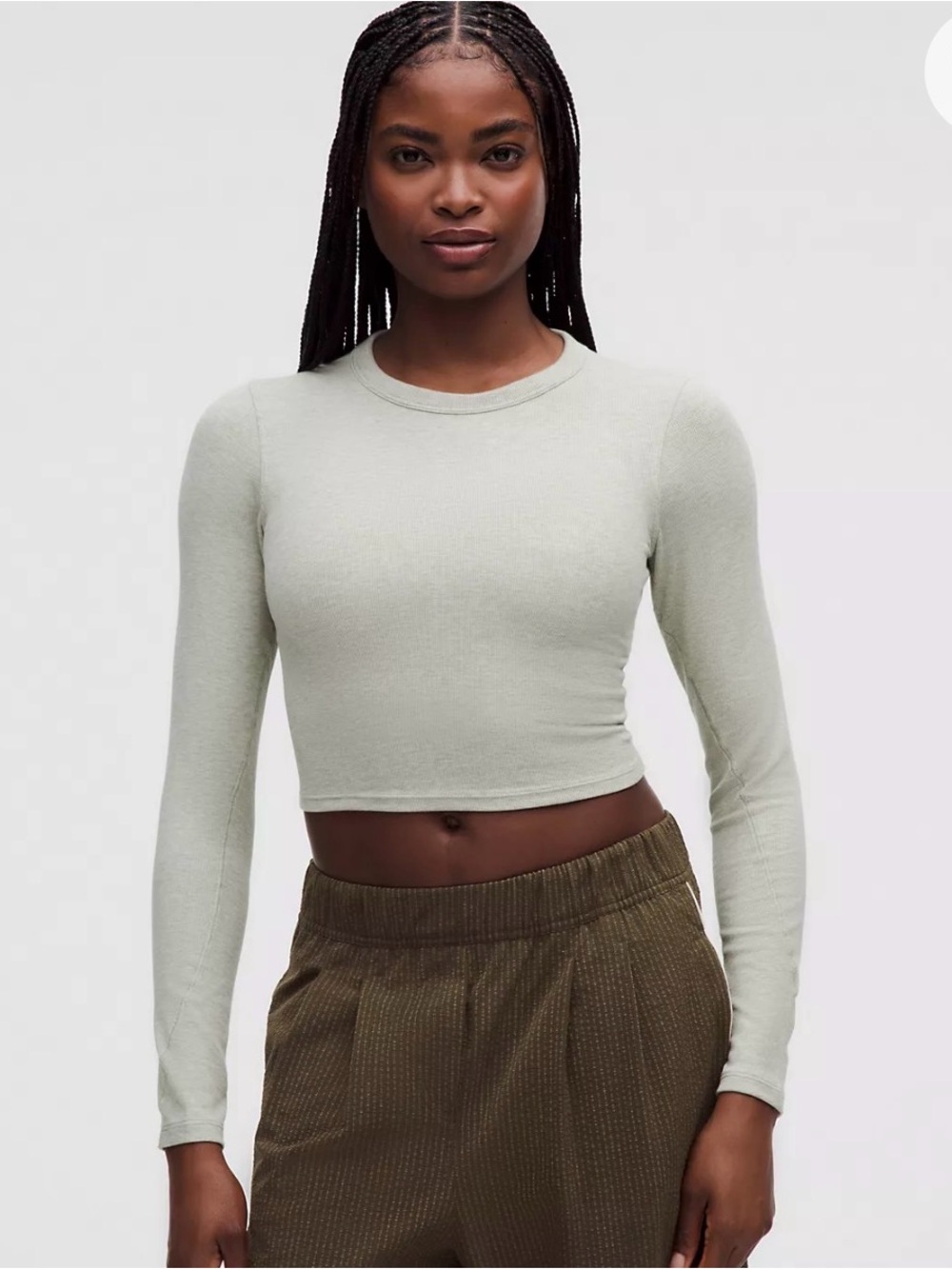 Long-Sleeve Cropped Crewneck Top in beige